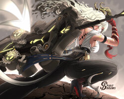  1girl absurdres armband black_armband black_horns black_pants black_tail choker curled_horns demon_tail earrings gloves high-waist_pants highres horns jewelry key_earrings long_hair necktie necktie_around_wrists pants red_necktie shirt shirt_tucked_in spiritdraws sword tail tight_clothes tight_pants weapon white_shirt wuthering_waves zani_(wuthering_waves) 