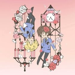  1boy 1girl artist_name black_necktie black_pants black_shoes blonde_hair blue_jacket brown_hair califlair chandelier cherry_blossoms clock clock_tower closed_eyes collared_shirt crossdressing crossdressing_(ftm) falling_petals flower fujioka_haruhi full_body hair_between_eyes hair_flower hair_ornament jacket necktie ouran_high_school_host_club ouran_high_school_uniform pants petals pink_background red_flower red_rose rose school_uniform shirt shoes short_hair suit_jacket suou_tamaki tower white_shirt 