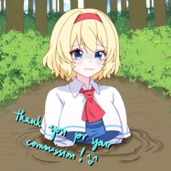  1girl alice_margatroid ascot blonde_hair blue_dress blue_eyes blush bnelsey capelet commentary commission dress english_commentary english_text hairband quicksand red_ascot red_hairband shaded_face short_hair solo sweatdrop touhou white_capelet 