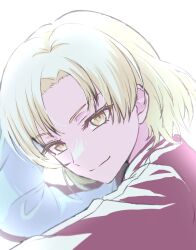  1girl absurdres bang_dream! blonde_hair claya67443 closed_mouth commentary highres jacket long_sleeves looking_at_viewer parted_bangs red_jacket sato_masuki short_hair simple_background solo upper_body white_background yellow_eyes 