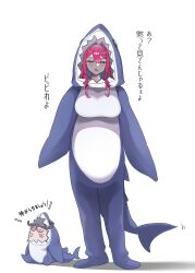  1girl absurdres animal_costume animal_hood baobhan_sith_(fate) blush breasts cernunnos_(fate) fate/grand_order fate_(series) fins fish_tail grey_eyes highres hood long_hair looking_at_viewer mentaiko_mamire open_mouth pink_hair shark_costume shark_girl shark_hood shark_tail sharp_teeth sidelocks solo tail teeth 