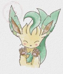  animal_focus baya_(sakura_mint) blush closed_eyes closed_mouth leaf leafeon looking_at_viewer no_humans pawpads pokemon pokemon_(creature) pokemon_focus simple_background smile solo tail 