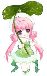  absurdres ankle_bow back_bow bare_shoulders beret blue_flower blunt_bangs bow bracelet brown_eyes chinese_commentary collared_dress commentary_request deformed detached_sleeves double_bun dress flower flower_bracelet frilled_dress frilled_sleeves frills green_bow green_dress hair_bun hair_flower hair_intakes hair_ornament happy hat highres holding holding_umbrella infinity_nikki jewelry leaf_umbrella light_blush light_particles lily_pad long_hair looking_ahead low_twintails medium_dress necklace nikki_(series) open_mouth outstretched_arm oversized_plant pink_hair plaid_clothes plaid_dress pom_pom_(clothes) shoes short_sleeves simple_background smile socks sparkle standing strapless strapless_dress stylist_(nikki) tareme twintails umbrella umbrella_over_shoulder very_long_hair white_background white_hat white_shoes white_sleeves white_socks yellow_flower zhizhizhizhizhizong 