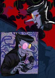  1boy absurdres black_hair black_jacket circle_facial_mark colored_skin commentary deltarune doll_joints english_commentary eyes_visible_through_eyewear hair_slicked_back heterochromatic_eyewear highres holding holding_phone jacket joints long_nose long_sleeves male_focus open_mouth phone pointy_nose round_eyewear short_hair simple_banana15 spamton_g._spamton sweat sweater tinted_eyewear utdr_(toby_fox) white_skin white_sweater 