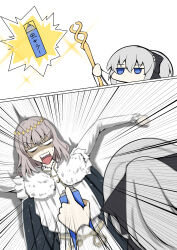  1boy 1girl absurdres black_bow blue_eyes bow braid fate/grand_order fate_(series) grey_hair hair_between_eyes hair_bow half_up_braid highres ice_choco_maker long_hair morgan_le_fay_(fate) morgan_le_fay_(second_ascension)_(fate) oberon_(fate) oberon_(second_ascension)_(fate) open_mouth ponytail simple_background very_long_hair 