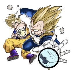  2boys armor blonde_hair blue_boots blue_sash blue_shirt blue_wrist_cuffs boots dougi dragon_ball dragon_ball_z gloves green_eyes highres male_focus medium_hair multiple_boys nicocolors orange_pants orange_shirt pants saiyan_armor sash shirt simple_background son_goku spiky_hair super_saiyan super_saiyan_1 vegeta white_armor white_background white_boots white_gloves wrist_cuffs 