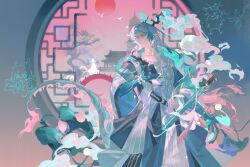  1boy aqua_hair arknights bonsai boots coat cowboy_shot earrings eastern_dragon_horns eastern_dragon_tail eyeshadow flower_pot highres holding holding_flower_pot horns jacket jewelry lin_qing_(phosphorus_1104) long_hair looking_to_the_side makeup multicolored_hair multicolored_horns ofuda_earrings pants pink_eyes pink_hair pointy_ears solo tail yi_(arknights) 