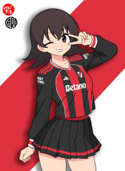  1girl absurdres artist_request azumanga_daioh blush brown_eyes brown_hair highres long_hair looking_at_viewer shirt skirt smile soccer_uniform solo sportswear takino_tomo v 