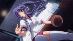  1girl basketball basketball_hoop buruma clannad from_below fujibayashi_kyou gym_uniform highres long_hair official_art ponytail purple_eyes purple_hair thighhighs zettai_ryouiki 