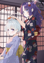  2girls alternate_costume alternate_hairstyle back_bow black_halo black_kimono blue_archive blue_eyes blush bow closed_mouth floral_print floral_print_kimono flower grey_kimono hair_bun hair_flower hair_ornament halo highres japanese_clothes kimono kumakono long_hair multiple_girls noa_(blue_archive) obi orange_flower ponytail print_kimono purple_hair red_bow red_sash sash smile violet_eyes white_hair white_halo yellow_bow yellow_sash yuuka_(blue_archive) 