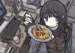  1girl absurdres bags_under_eyes black_hair black_hoodie blue_eyes chair computer computer_keyboard computer_mouse cup ear_piercing earphones earphones eraser food food_on_face grey_pants gudon_udon highres holding holding_plate holding_spoon hood hood_down hoodie jitome ketchup mattress mechanical_pencil milk monitor mug no_pupils omelet omurice on_chair original pale_skin pants pencil piercing plate solo spoon sticky_note 