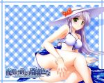  ass bekkankou bikini blush bracelet breasts cleavage feena_fam_earthlight flower green_eyes hat jewelry long_hair lying on_side purple_hair sarong smile swimsuit wallpaper yoake_mae_yori_ruri_iro_na 