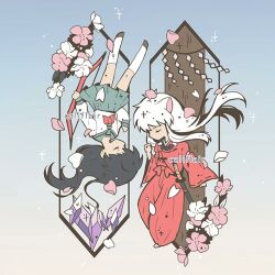  1boy 1girl animal_ears artist_name barefoot bead_necklace beads black_hair black_shoes bow_(weapon) califlair cherry_blossoms closed_eyes crystal crystal_shards dog_boy dog_ears falling_petals flower full_body green_sailor_collar green_skirt hakama higurashi_kagome holding holding_bow_(weapon) holding_weapon inuyasha inuyasha_(character) japanese_clothes jewelry katana long_hair necklace necktie petals pink_flower pleated_skirt red_hakama red_necktie sailor_collar school_uniform shirt shoes skirt socks sword tooth_necklace weapon white_flower white_hair white_shirt white_socks 