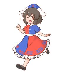  1girl ;d animal_ears black_hair black_shoes blue_dress blue_hat blush bright_pupils brown_eyes clenched_hand commentary commission cosplay cross dot_nose dress eighth_note frilled_dress frills full_body greek_cross hat inaba_tewi looking_at_viewer mizusoba musical_note no_socks nurse_cap one_eye_closed open_mouth puffy_short_sleeves puffy_sleeves rabbit_ears rabbit_girl rabbit_tail red_cross red_dress sash shoes short_hair short_sleeves simple_background smile solo split-color_clothes split_mouth tail touhou two-tone_dress white_background white_pupils white_sash white_tail yagokoro_eirin yagokoro_eirin_(cosplay) 