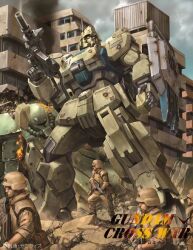  4boys ammunition_box artist_request assault_rifle bulletproof_vest cable clouds cloudy_sky combat_helmet copyright_notice damaged dirty earth_federation gun gundam gundam_08th_ms_team gundam_cross_war gundam_ez8 helmet logo machine_gun machinery mecha military_uniform mobile_suit multiple_boys official_art painting_(medium) realistic reloading rifle robot ruins scan science_fiction shield sky smoke soldier title traditional_media weapon window wreckage zaku_ii zeon 