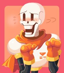  1boy 2025 2d armor artist_name blush cape clenched_hands digital_media flying_sweatdrops gloves hands_up highres humanoid looking_away male male_focus male_only miki_288 monster monster_boy nervous open_mouth papyrus_(undertale) red_background red_cape red_gloves simple_background skeleton solo teeth twitter_username two-tone_background undead undertale upper_body utdr_(toby_fox) white_armor 