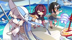  3girls bird black_hair blonde_hair blue_eyes blue_hair blue_sky blush boar braid chibi chibi_only copyright_notice crossed_legs denim denim_shorts dress earrings fate/grand_order fate_(series) flower gae_bolg_(fate) hat hat_flower highres jewelry logo long_hair medium_hair morgan_le_fay_(fate) multicolored_hair multiple_girls necklace negi_(ulog'be) ocean official_art one_eye_closed open_mouth orange_eyes outdoors pants polearm red_eyes red_hair scathach_(fate) seagull second-party_source shark shirt shoes shorts sitting sky smile sparkling_eyes spear standing standing_on_one_leg sun_hat swim_ring two-tone_hair weapon xu_fu_(fate) 