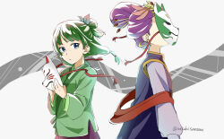  2girls aoqun beads blunt_bangs bow chinese_clothes covered_face earrings fox_mask freckles green_hair green_hanfu green_mask hair_beads hair_bow hair_bun hair_ornament hairpin hanfu head_ornament highres holding holding_mask jewelry kusuriya_no_hitorigoto long_sleeves looking_at_another loulan_(kusuriya_no_hitorigoto) maomao_(kusuriya_no_hitorigoto) mask mask_on_head multiple_girls multiple_hairpins purple_hair purple_hanfu red_mask red_sash red_skirt sash sidelocks simple_background single_stripe skirt standing violet_eyes wind yamayama_(oekakisansan) 