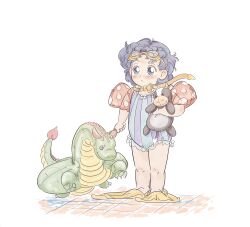  1girl absurdres aged_down bishoujo_senshi_sailor_moon blue_eyes blue_hair blush dragon goggles goggles_on_head highres holding holding_stuffed_toy inflatable_armbands inflatable_toy mercuri0ff mizuno_ami one-piece_swimsuit short_hair simple_background solo stuffed_animal stuffed_toy swimsuit white_background 