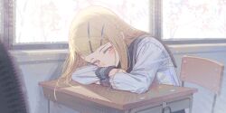  1girl absurdres arms_on_table black_sailor_collar blonde_hair chair classroom closed_mouth commentary_request crossed_arms desk flipped_hair gakuen_idolmaster hair_ornament hairclip hatsuboshi_gakuen_school_uniform head_rest highres hop3 idolmaster indoors long_hair long_sleeves looking_at_viewer neckerchief on_chair orange_eyes parallel_hairclips sailor_collar school school_chair school_desk school_uniform shinosawa_hiro shirt sitting slouching smile solo swept_bangs upper_body white_shirt window 