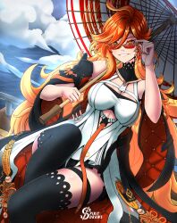  absurdres changli_(wuthering_waves) earrings genshin_impact highres holding holding_umbrella jewelry long_hair mavuika_(genshin_impact) mihoyo oil-paper_umbrella orange_eyes orange_hair orange_pupils red-tinted_eyewear red_eyes smile spiritdraws sun_earrings tinted_eyewear umbrella wuthering_waves 