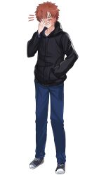  black_jacket blush closed_eyes closed_mouth colored_skin emiya_shirou emiya_shirou_(prisma_illya) fate/kaleid_liner_prisma_illya fate_(series) full_body hand_on_own_face highres jacket long_sleeves multicolored_hair multicolored_skin orange_hair pants raglan_sleeves red_hair shokobr simple_background solo standing two-tone_skin white_background white_hair 