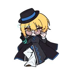  +_+ 1girl black_coat black_dress black_gloves black_hat blonde_hair breasts brown-tinted_eyewear chibi china_dress chinese_clothes cinq_association_east_uniform coat coat_on_shoulders don_quixote_(project_moon) dress earrings full_body gloves hat highres jade_bracelet jewelry jjong_(7_jjong_9) limbus_company looking_at_viewer ofuda_earrings one_eye_closed pants project_moon round_eyewear short_hair simple_background single_earring single_glove solo standing sunglasses tilted_headwear tinted_eyewear white_background white_pants yellow_eyes 