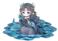  1girl absurdres aqua_dress aqua_eyes aqua_eyeshadow bare_shoulders black_dress black_gloves black_hair blue_choker blue_scales bracelet chibi choker circlet dot_nose dress earrings elbow_gloves eyelashes eyeshadow gloves gold_bracelet gold_circle gown hair_ornament highres infinity_nikki jewelry lace-trimmed_dress lace_trim lake lamia layered_dress lily_pad long_dress long_hair long_sidelocks long_sleeves looking_at_object makeup monster_girl multiple_bracelets necklace nikki_(series) nuli_de_chengzhi_er object_floating_above_hand off-shoulder_dress off_shoulder on_rock parted_lips pointy_ears sidelocks simple_background sitting snake_tail solo tail tareme tide_of_tears_(infinity_nikki) very_long_hair very_long_tail wavy_hair white_background wide_sleeves 