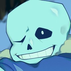  1:1 1boy 2019 2d anniversary bad_id bad_tumblr_id blue_jacket cinnimani close-up cropped digital_media grey_hood hood hood_down hooded_jacket humanoid jacket male male_focus monster monster_boy one_eye_closed open_clothes open_jacket sans_(undertale) skeleton solo solo_focus teeth undead undertale utdr_(toby_fox) 