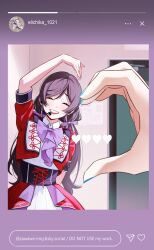  2girls ayase_eli bow cellphone_photo dress hair_ornament hair_scrunchie heart heart_hands highres idol instagram love_live! love_live!_school_idol_project microphone multiple_girls purple_bow purple_hair red_dress scrunchie smile tojo_nozomi watermark yuri zawawa_(satoukibi1108) 