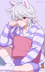  1boy animal_ears blush cat_ears fake_animal_ears genshin_impact grey_hair hair_between_eyes hairband highres hood hoodie long_hair male_focus meshi_kue_yo one_eye_closed pillow purple_hairband purple_hoodie purple_shorts razor_(genshin_impact) red_eyes scar scar_on_face shorts socks solo striped_clothes striped_hoodie waking_up white_hair white_hoodie white_socks 