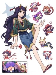  >_< 6+girls anger_vein animal_ears ascot bare_shoulders bear_trap black_hair black_wings blonde_hair blue_dress blue_ribbon blue_shirt blue_shorts blue_skirt blush blush_stickers boots bow brown_boots brown_hair brown_hat brown_horns brown_skirt circlet closed_mouth cowboy_hat detached_sleeves dog_ears dog_tail dragon_horns dragon_tail dress fangs feathered_wings flip-flops flower flower_on_head gohei gourd green_dress green_shirt green_shorts grey_hair hair_bow hair_tubes hakurei_reimu hat holding holding_gohei horn_ornament horn_ribbon horns ibuki_suika japanese_clothes kicchou_yachie kurokoma_saki long_hair low_twintails mitsugashira_enoko monkey_tail multicolored_dress multiple_girls multiple_tails nippaku_zanmu nontraditional_miko oni open_mouth orange_hair pegasus_wings pink_skirt pleated_skirt pointy_ears purple_flower purple_hair purple_horns purple_ribbon re_ghotion red_bow red_eyes red_horns red_skirt red_sleeves ribbon ribbon-trimmed_sleeves ribbon_trim ruyi_jingu_bang sandals sheep_horns shirt short_hair shorts sidelocks simple_background single_horn skirt skull smile son_biten spork tail tenkajin_chiyari touhou toutetsu_yuuma turtle_shell twintails unfinished_dream_of_all_living_ghost white_background wide_sleeves wings yellow_ascot yellow_dress yellow_horns yomotsu_hisami 