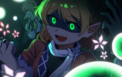  2girls :d biting biting_own_thumb black_shirt blonde_hair brown_shirt clone commentary_request danmaku glowing glowing_eyes green_background green_eyes holding holding_nail looking_at_viewer mizuhashi_parsee multiple_girls nail_(hardware) open_mouth pointy_ears scarf shaded_face shirt short_hair short_sleeves smile starjinxin touhou undershirt upper_body white_scarf 