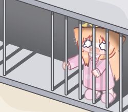  1girl animal_ears blue_archive blunt_bangs blush cage commentary english_commentary halo highres horuhara in_cage long_hair long_sleeves mari_(blue_archive) neck_ribbon orange_hair pajamas pink_pajamas pink_slippers polka_dot polka_dot_pajamas ribbon slippers solo standing very_long_hair wavy_eyes wavy_mouth yellow_halo 