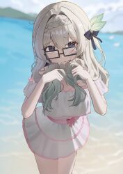  13_(jjusan13) 1girl absurdres beach black_ribbon blue_pupils blush braid closed_mouth commission dress eyewear_on_head firefly_(honkai:_star_rail) glasses gradient_hair grey_hair hair_between_eyes hair_intakes hair_ornament hair_ribbon hand_in_own_hair highres holding holding_own_hair honkai:_star_rail honkai_(series) horizontal-striped_dress long_hair multicolored_eyes multicolored_hair off-shoulder_dress off_shoulder rectangular_eyewear ribbon ribbon-trimmed_dress ribbon_trim solo sweatdrop water white_dress 