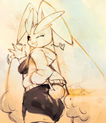 1girl :3 animal_ears animal_nose artist_name ass black_sclera body_fur breasts buck_teeth clothing_cutout colored_sclera commentary cowboy_shot dated english_commentary from_behind furry furry_female hand_in_pocket happy heart highres hood hood_down hooded_jacket jacket long_sleeves looking_at_viewer looking_back lopunny monochrome motion_lines one_eye_closed open_clothes open_jacket open_mouth pokemon pokemon_(creature) rabbit_ears rabbit_girl rabbit_tail red_eyes sepia short_shorts short_tail shorts side_slit side_slit_shorts signature simple_background sketch small_breasts smile solo spoken_heart sports_bra spot_color standing tail tail_through_clothes teeth thwillartz twitter_username waving 