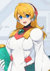 1girl alia_(mega_man) blonde_hair blue_eyes blurry blurry_background breasts coat highres lab_coat long_hair medium_breasts mega_man_(series) mega_man_x_(series) open_mouth smile solo tobitori upper_body white_coat 