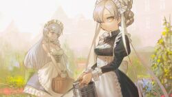  2girls absurdres apron azur_lane belfast_(azur_lane) black_dress dress garden grey_hair highres long_hair maid_apron multiple_girls reoen sheffield_(azur_lane) standing 