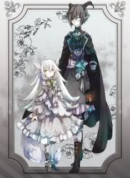  2girls :| absurdres age_difference ahoge androgynous animal_ears aqua_bow arms_at_sides ascot black_boots black_cloak black_gloves black_horns black_shirt blue_eyes boots border bow bowtie broken_horn brooch brown_hair capelet capri_pants cloak closed_mouth coat_dress dress erc expressionless flipped_hair floral_background footwear_bow frilled_dress frilled_shirt_collar frills full_body gem gloves goat_ears goat_girl goat_horns green_bow green_eyes green_gemstone grey_background grey_border grey_dress grey_pants hair_between_eyes hair_over_one_eye height_difference highres holding holding_lantern horns jewelry lantern long_hair long_sleeves looking_at_viewer medium_dress monocle multiple_girls original ornate_border pants pants_under_dress pantyhose puffy_long_sleeves puffy_pants puffy_sleeves sash shirt short_hair side-by-side standing tail very_long_hair waist_bow white_ascot white_capelet white_dress white_hair white_pantyhose white_sash wolf_ears wolf_girl wolf_tail yellow_bow yellow_bowtie 