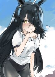  1girl animal_ears black_buruma black_pantyhose blush buruma ear_ornament ear_tag earrings hair_over_one_eye hand_on_own_chin hand_on_own_thigh heavy_breathing horse_ears horse_girl horse_tail jewelry long_bangs manhattan_cafe_(umamusume) pantyhose parted_lips puffy_short_sleeves puffy_sleeves race_bib shirt short_sleeves single_earring sinzan solo t-shirt tail umamusume white_shirt wiping_sweat yellow_eyes 