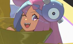  1girl ;d blue_hair bow-shaped_hair character_hair_ornament eyelashes hair_ornament happy iono_(pokemon) jacket looking_at_viewer multicolored_hair one_eye_closed open_mouth orlek pokemon pokemon_sv portrait smile solo two-tone_hair violet_eyes yellow_jacket 