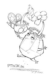  ^_^ asaikaina closed_eyes creature creature_focus flower flying greyscale happy head_wreath holding_hands insect_wings jumping light_blush monochrome no_humans no_mouth pikmin_(creature) pikmin_(series) rock rock_pikmin shadow signature simple_background solid_circle_eyes transparent_wings white_background winged_pikmin wings 