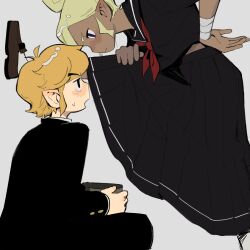  1boy 1girl alternate_costume assertive_female black_eyes black_jacket black_sailor_collar black_shirt black_shoes black_skirt blonde_hair blush commentary_request contemporary dark-skinned_female dark_skin eye_contact gakuran grey_background highres jacket link long_skirt long_sleeves looking_at_another looking_up neckerchief necktie open_mouth pantyhose pointy_ears red_necktie sailor_collar school_uniform senzo6700 shirt shoes short_hair simple_background skirt sweatdrop tetra the_legend_of_zelda the_legend_of_zelda:_the_wind_waker toon_link white_pantyhose 