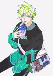  1boy 7hanada alternate_costume aqua_eyes bag black_pants black_sweater blonde_hair cait_sith_(final_fantasy) character_doll cloud_strife cup doll drinking earrings final_fantasy final_fantasy_vii flower_earrings highres holding holding_cup jewelry male_focus pants parted_lips red_xiii sabotender short_hair shoulder_bag solo spiky_hair sweater upper_body 