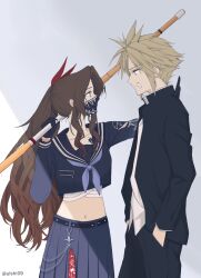  1boy 1girl aerith_gainsborough aerith_gainsborough_(midgard_seventh_high_school) bandaged_chest bandaid bandaid_on_cheek bandaid_on_face belt black_belt black_gloves black_jacket black_mask black_pants black_sailor_collar black_shirt black_skirt blonde_hair breasts brown_hair chain chest_tattoo cloud_strife cloud_strife_(midgard_seventh_high_school) crop_top delinquent earrings final_fantasy final_fantasy_vii final_fantasy_vii_ever_crisis floral_print gakuran gloves grey_neckerchief hair_ribbon hands_in_pockets hetero highres jacket jewelry kabedon long_hair long_skirt looking_at_viewer mask medium_breasts midriff mouth_mask navel neckerchief official_alternate_costume over_shoulder pants parted_bangs pleated_skirt red_ribbon ribbon sailor_collar school_uniform shinai shirt short_hair side_ponytail sidelocks single_earring skirt spiky_hair sukeban sword tattoo twintails ulshi09 weapon weapon_over_shoulder white_background white_shirt 