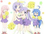  bad_id blue_eyes blue_hair cheerleader closed_eyes glasses hiiragi_kagami hiiragi_tsukasa hug izumi_konata kneehighs long_hair lucky_star mole pink_hair pom_poms punchiki purple_hair ribbon seifuku short_hair socks stars takara_miyuki twintails wink 