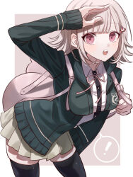  ! 1girl :o backpack bag black_thighhighs collared_shirt danganronpa_(series) danganronpa_2:_goodbye_despair galaga grey_hair hair_ornament hairclip highres jacket long_sleeves looking_at_viewer nanami_chiaki open_clothes open_jacket open_mouth pink_bag pink_eyes pleated_skirt runchelnln shirt skirt solo spaceship_hair_ornament spoken_exclamation_mark teeth thigh-highs upper_teeth_only 