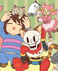  1boy 1girl 2025 2d 2others alternate_size ambiguous_gender animal animal_ears animal_on_head ankle_boots apron armor black_cat blank_eyes blue_shirt blue_shorts blush boots brown_boots brown_hair cape cat cat_ears cat_girl cat_tail digital_media dress embarrassed fake_animal_ears fake_tail female flat_color frisk_(undertale) ghost gloves horizontal-striped_clothes human humanoid kneeling mad_mew_mew male miki_288 monster monster_boy multiple_cats multiple_others napstablook papyrus_(undertale) pink_boots pink_dress pink_hair pink_stripes red_cape red_gloves shirt short_hair shorts sitting skeleton striped_clothes striped_shirt striped_wall tail teeth twintails two-tone_shirt undead undertale unfinished utdr_(toby_fox) wall white_armor white_cat 