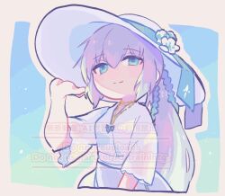  1girl blue_eyes dress fate/grand_order fate_(series) hair_between_eyes hat long_hair morgan_le_fay_(fate) nanakamadomugi ponytail smile solo very_long_hair white_dress white_hair 