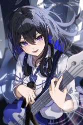  1girl absurdres bass_guitar black_hair blue_hair blue_necktie blurry blurry_background blush broken_glass colored_inner_hair commentary from_above glass hair_between_eyes headphones headphones_around_neck highres holding holding_bass_guitar holding_instrument holding_microphone ichinose_uruha indoors instrument long_hair looking_at_viewer lupinus_virtual_games microphone multicolored_hair necktie open_mouth plaid_clothes plaid_skirt ringozeri school_uniform shirt skirt smile solo symbol-only_commentary two-tone_hair violet_eyes virtual_youtuber vspo! white_shirt 